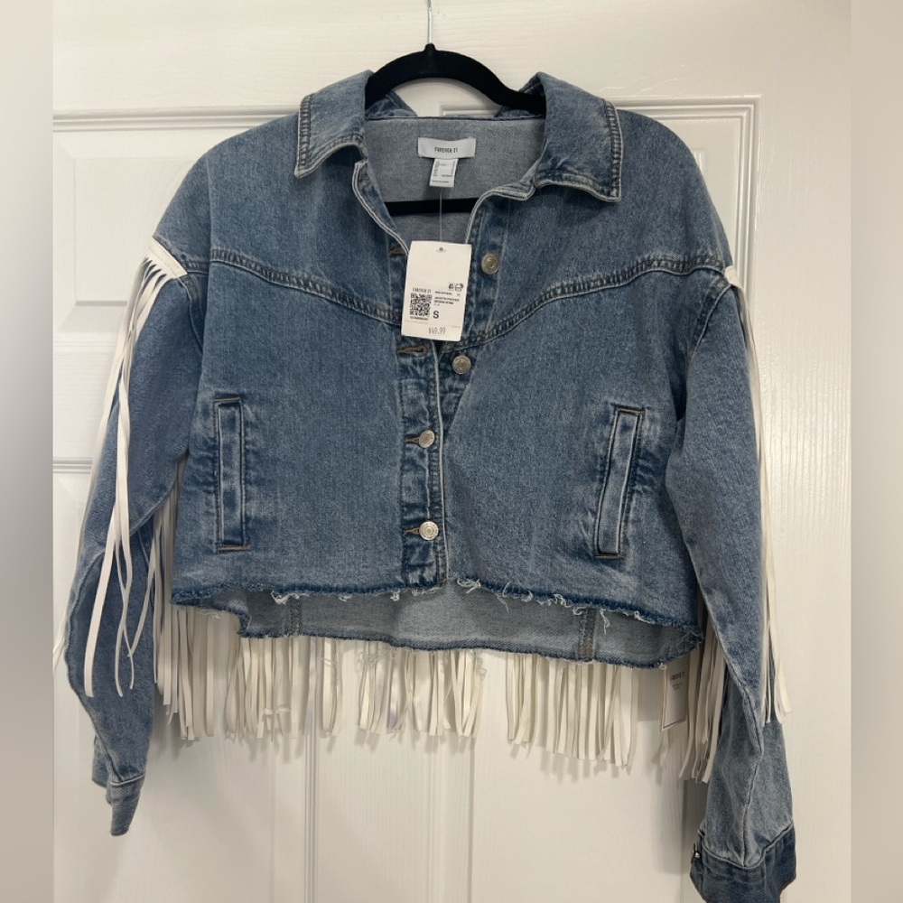 Forever 21 Cropped Fringe Jacket Women’s Small Western Boho Stains on Fringe